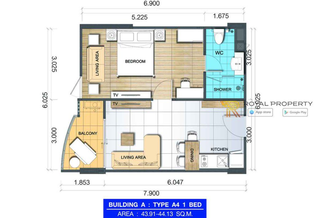 Whale-Marina-Condo-Pattaya-Jomtien-купить-квартиру-в-Паттайе-снять-апартаменты-агентство-недвижимости-Royal-Property-Unit-Plan-Building-A-A-4-1024x713