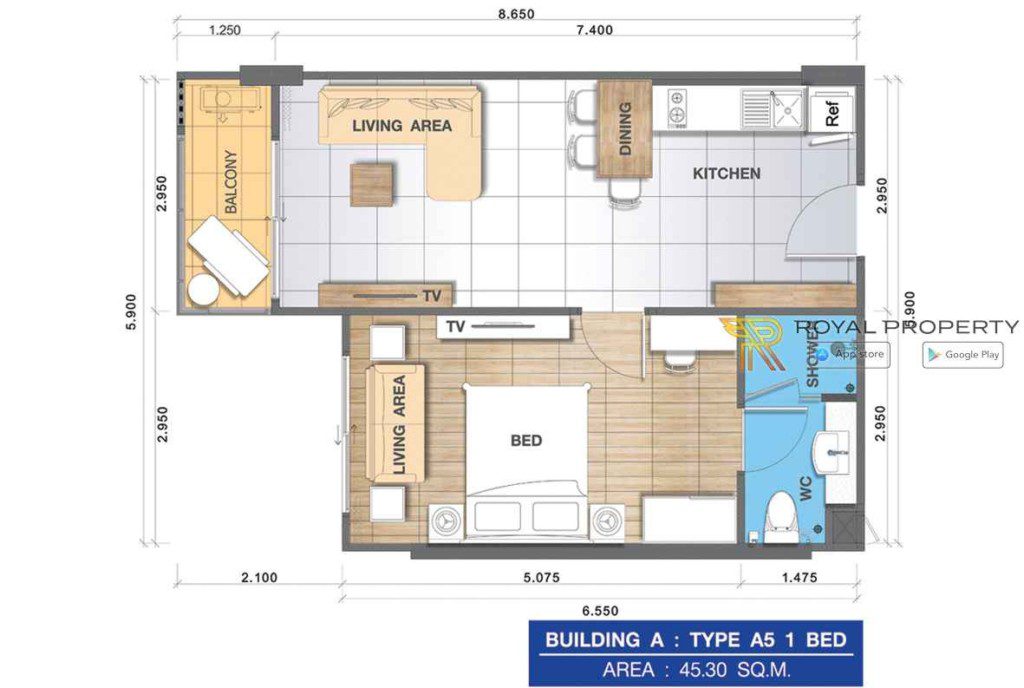 Whale-Marina-Condo-Pattaya-Jomtien-купить-квартиру-в-Паттайе-снять-апартаменты-агентство-недвижимости-Royal-Property-Unit-Plan-Building-A-A-5-1024x688