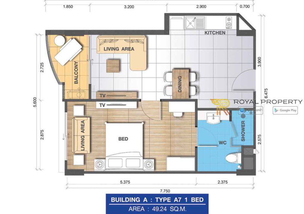 Whale-Marina-Condo-Pattaya-Jomtien-купить-квартиру-в-Паттайе-снять-апартаменты-агентство-недвижимости-Royal-Property-Unit-Plan-Building-A-A-7-1024x721